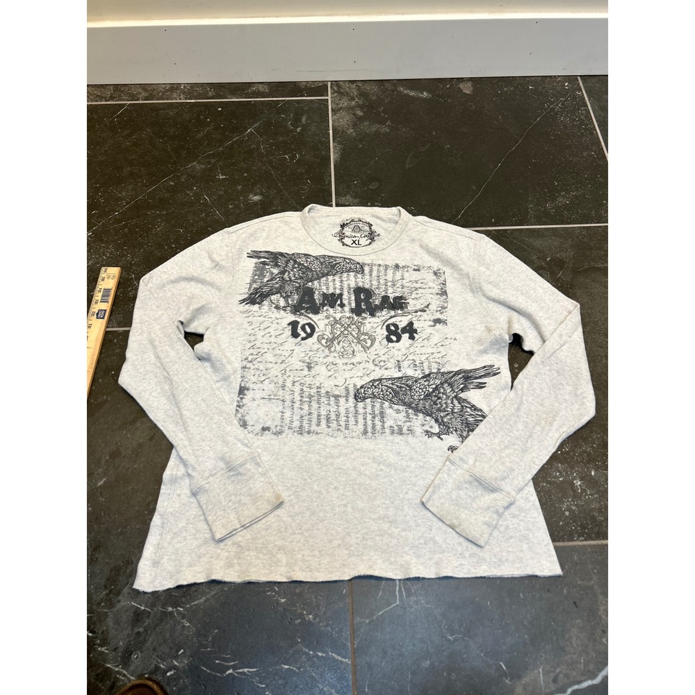 American Rag Mens Gray Graphic Thermal Waffle Knit Long Sleeve Shirt XL 1984